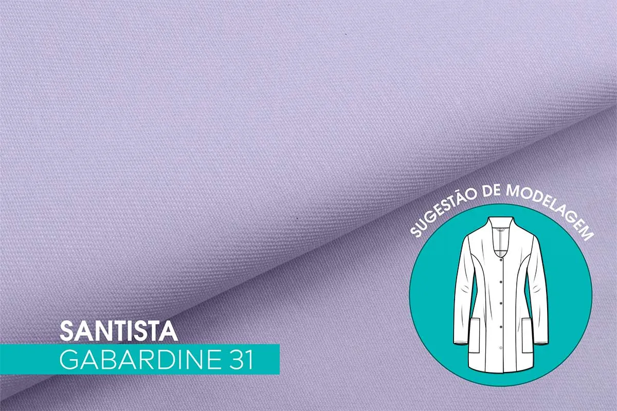 Tecido Santista Gabardine 31 branco com sugestão de uso para jaleco feminino acinturado