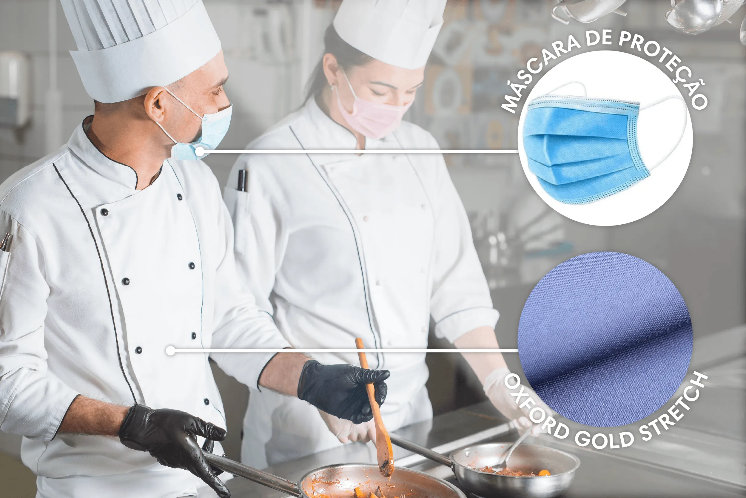 Cozinheiros uniformizados com jalecos em Oxford Gold Stretch e máscaras de proteção, preparando refeições em cozinha industrial.
