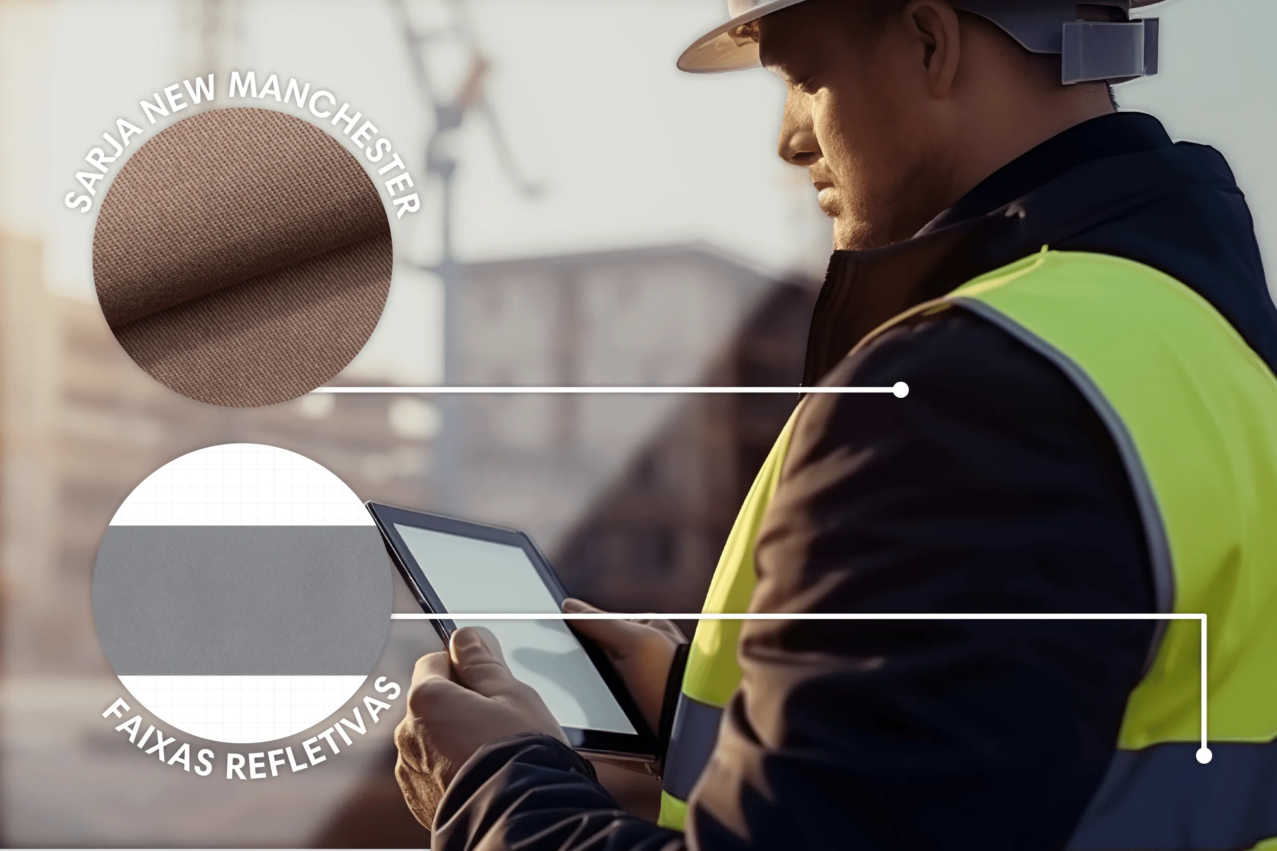 Trabalhador da construção civil com colete de segurança e faixas refletivas operando tablet em canteiro de obras