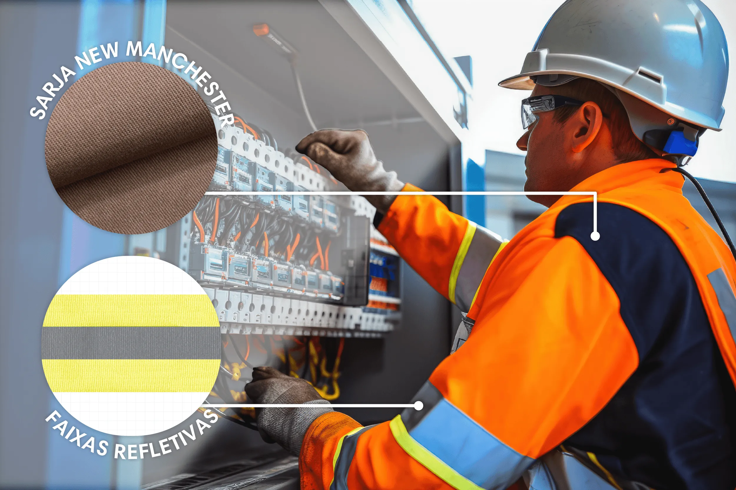 Eletricista utilizando uniforme de alta visibilidade com faixas refletivas e tecido em sarja New Manchester, realizando manutenção em painel elétrico.