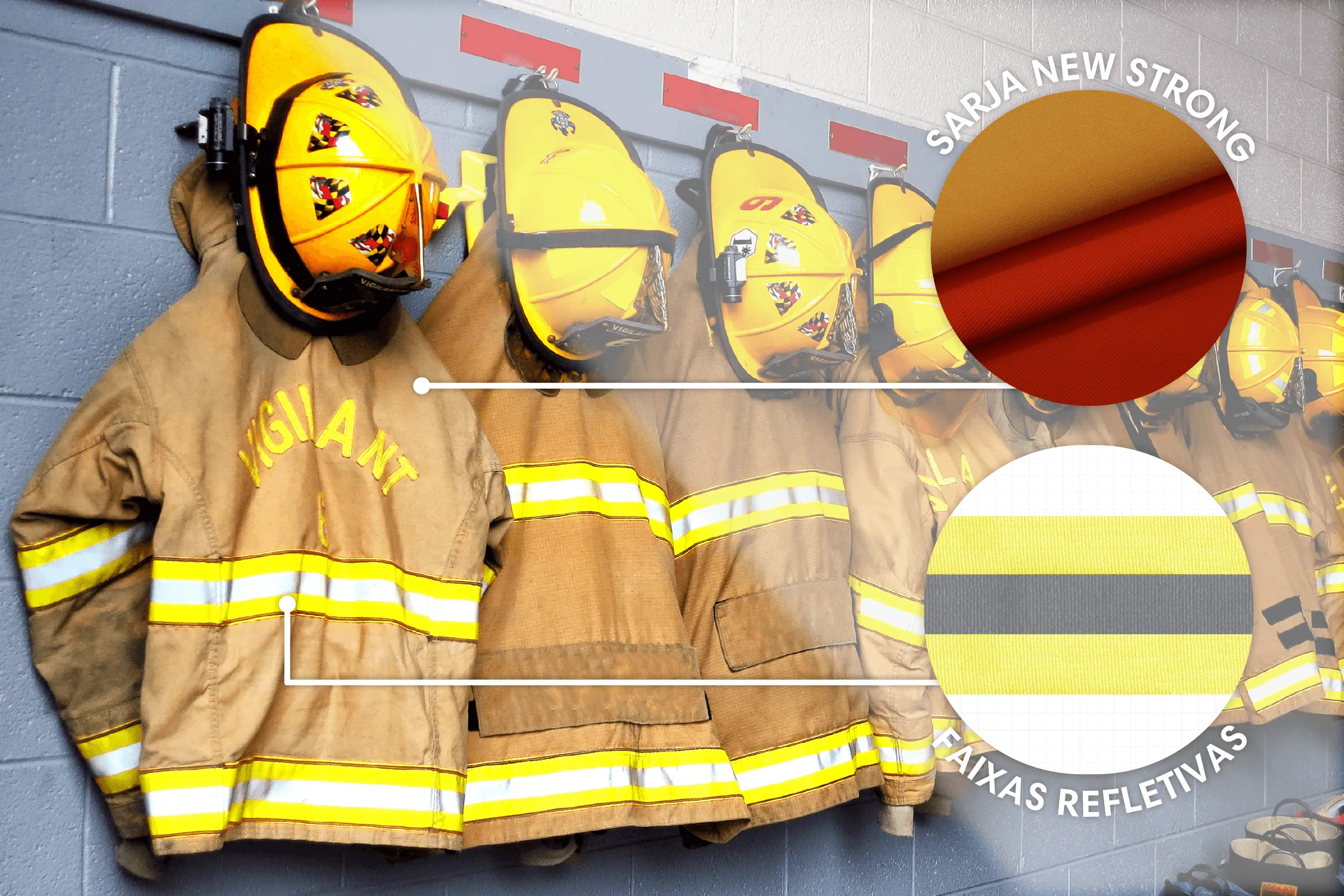 Uniformes de bombeiros com faixas refletivas e tecido em sarja New Strong pendurados em vestiário de corporação.