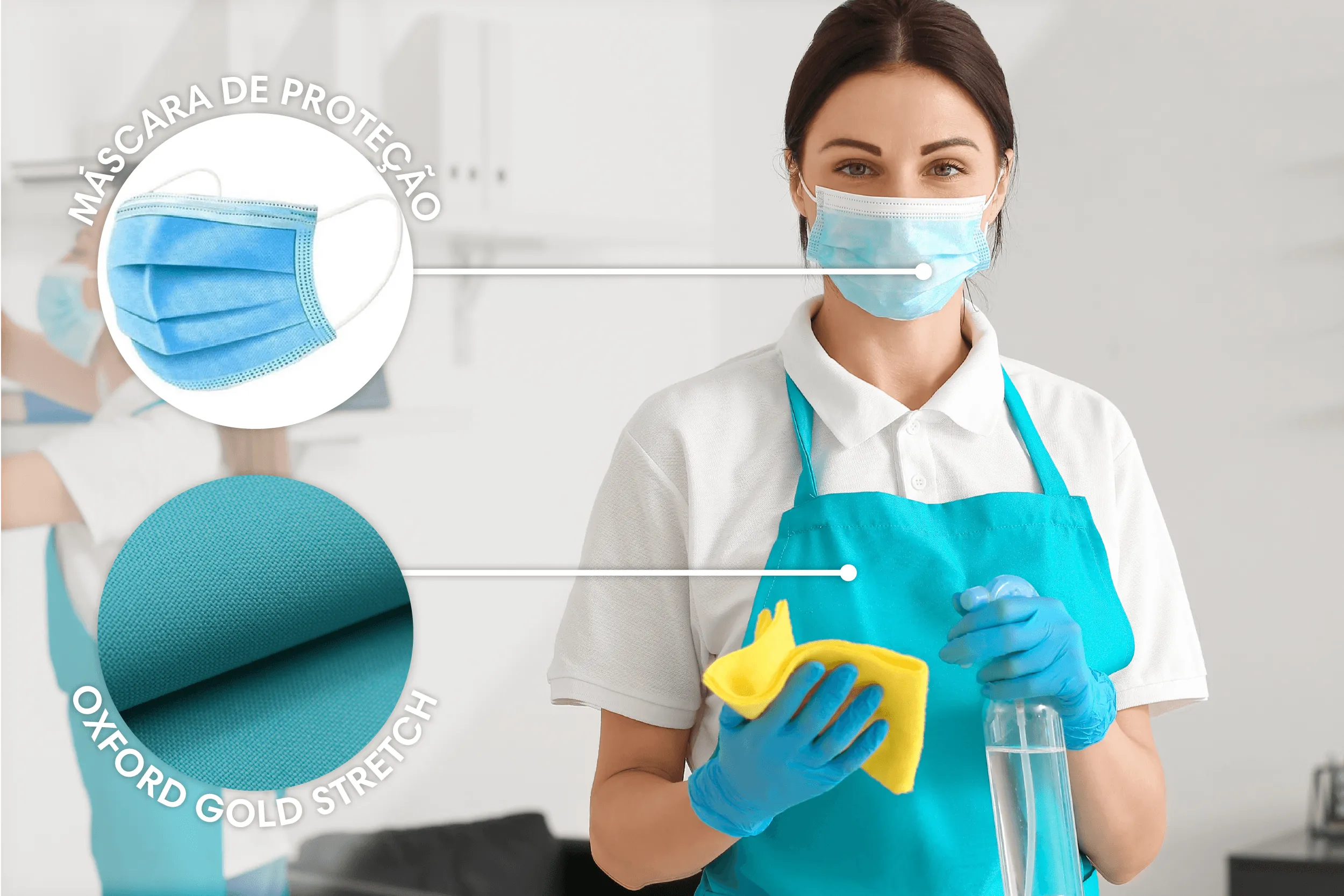 Profissional de limpeza utilizando uniforme com avental em Oxford Gold Stretch e máscara de proteção, segurando spray e pano.
