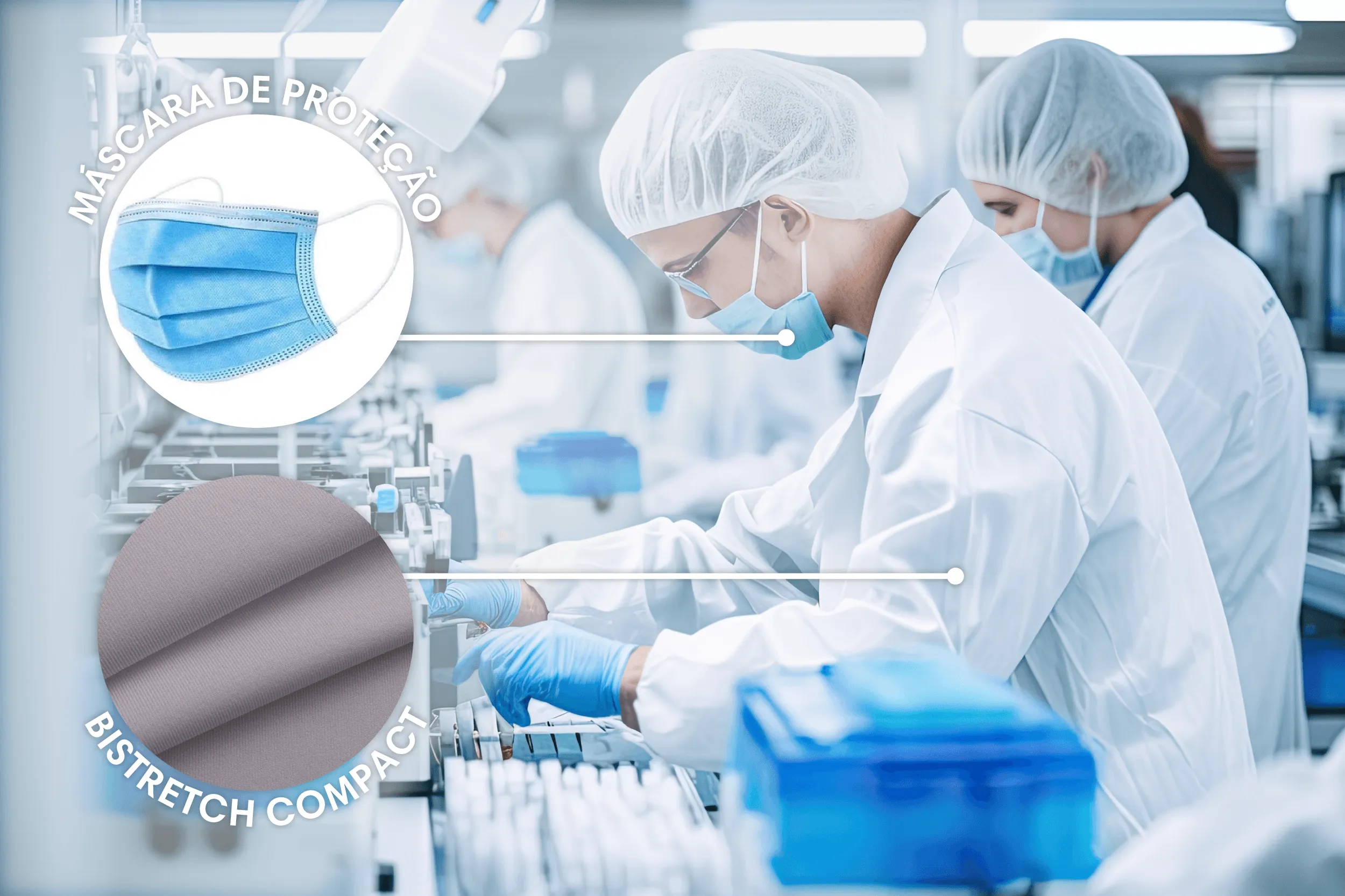 Profissionais da indústria farmacêutica utilizando jaleco em Bistretch Compact e máscara de proteção durante operação em laboratório.