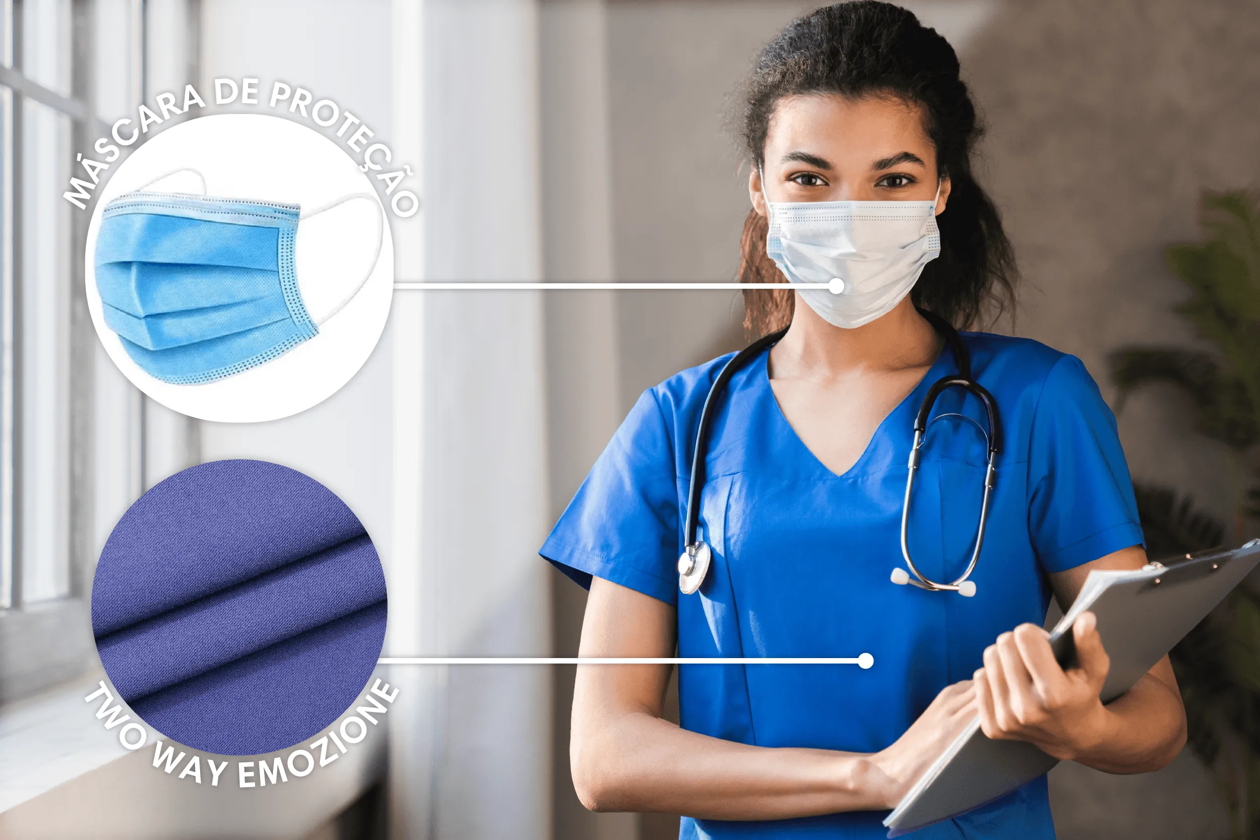 Profissional da saúde com jaleco azul feito em tecido Two Way Emozione e máscara de proteção, segurando prancheta em ambiente clínico.