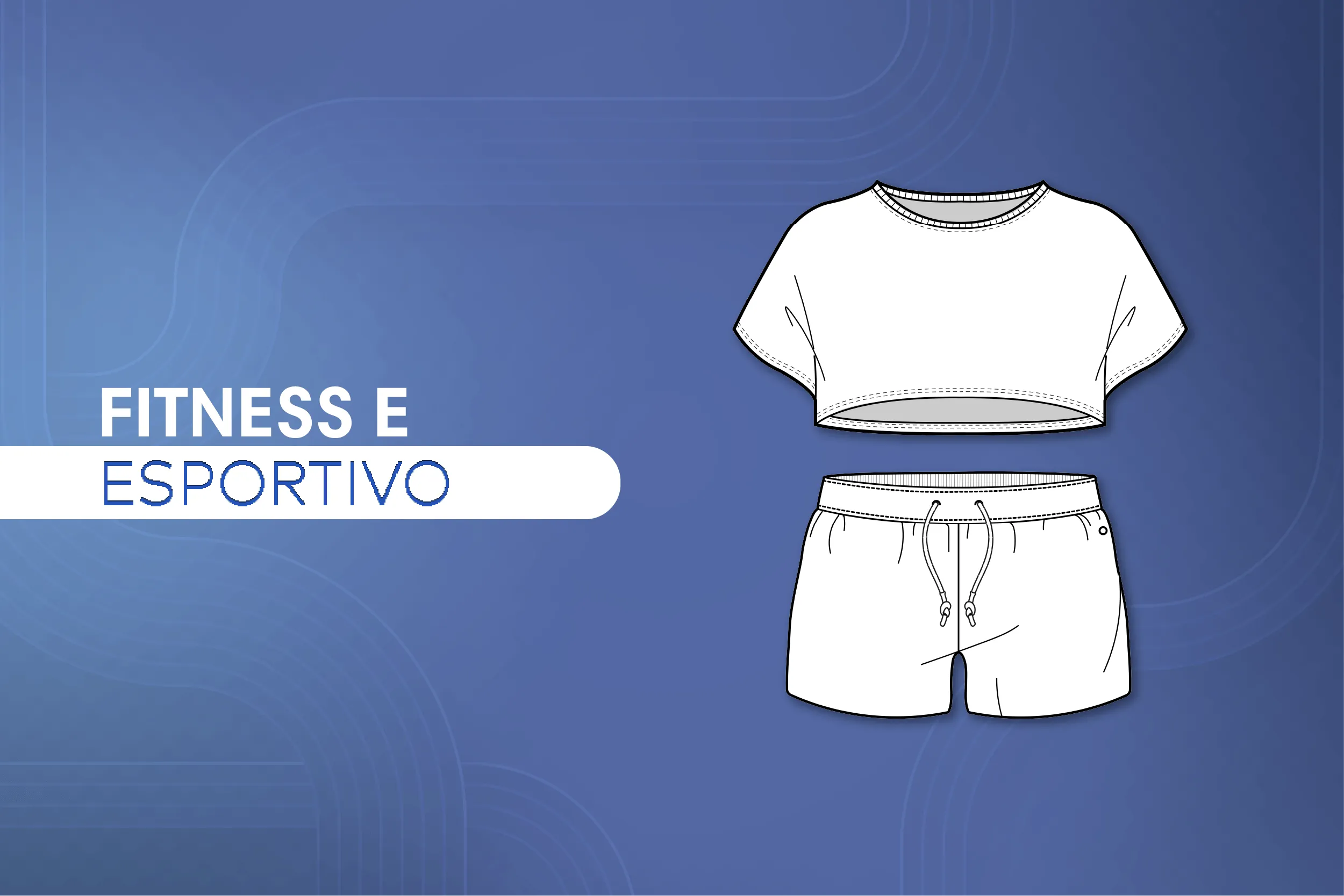 Ilustração de conjunto fitness feminino com camiseta cropped e short, representando moda esportiva e uso do tecido helanca.