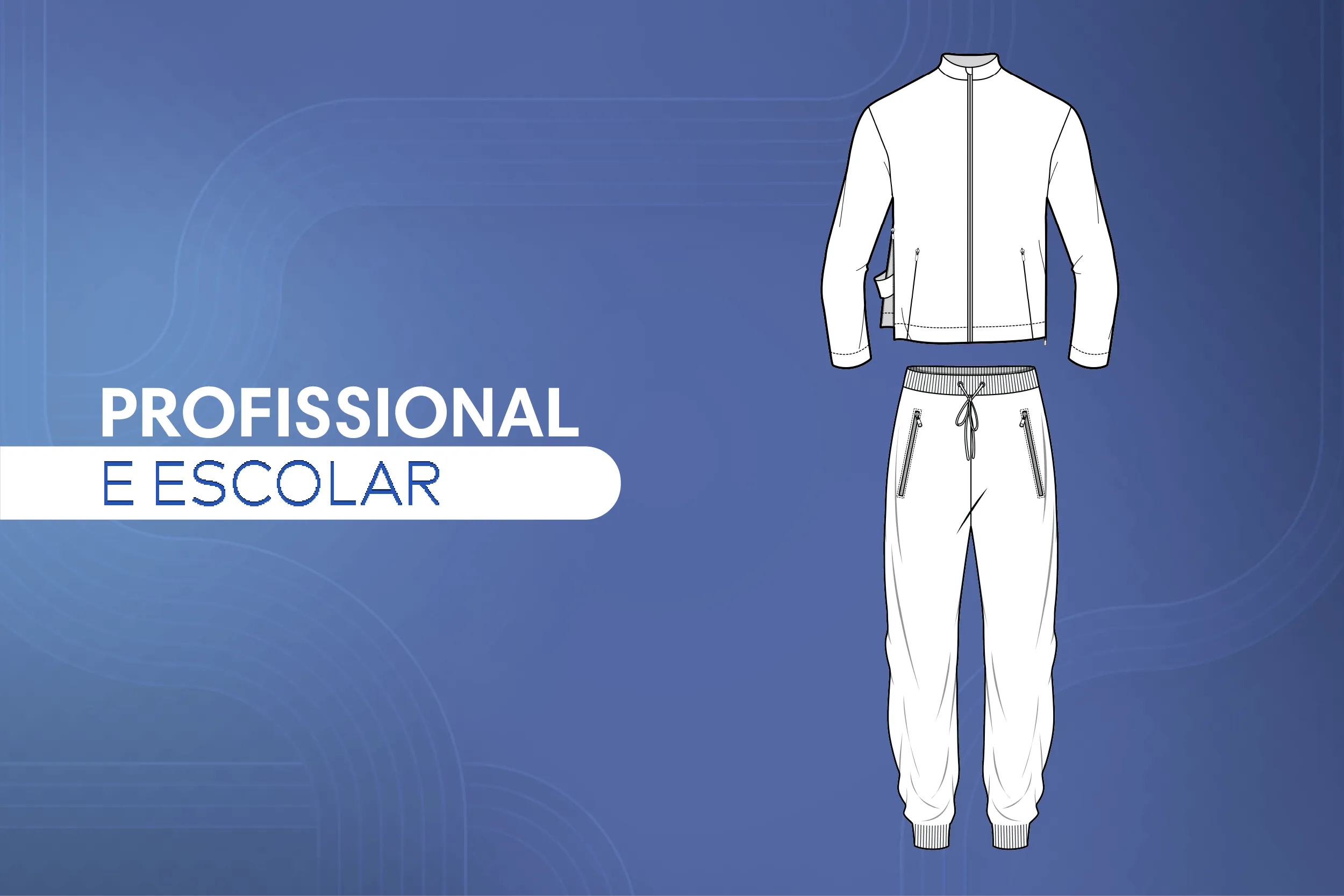 Ilustração de conjunto de agasalho para uniformes escolares e profissionais, ideal para tecidos como a helanca.