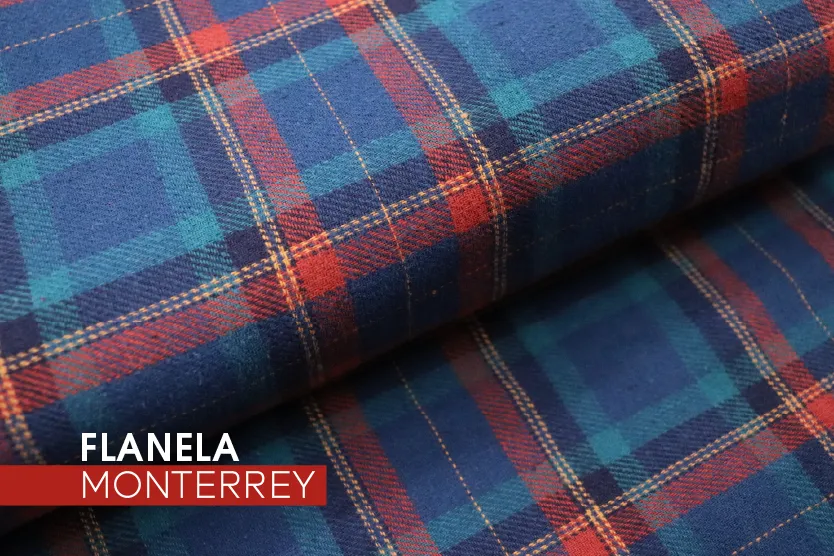Tecido Flanela Monterrey xadrez azul com vermelho, ideal para camisas casuais com conforto térmico.
