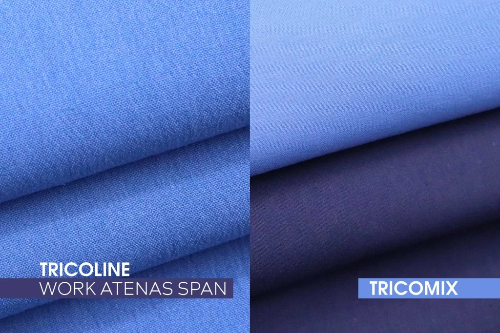 Tecidos Tricoline Work Atenas Span e Tricomix em tons de azul, ideais para uniformes profissionais leves e elegantes