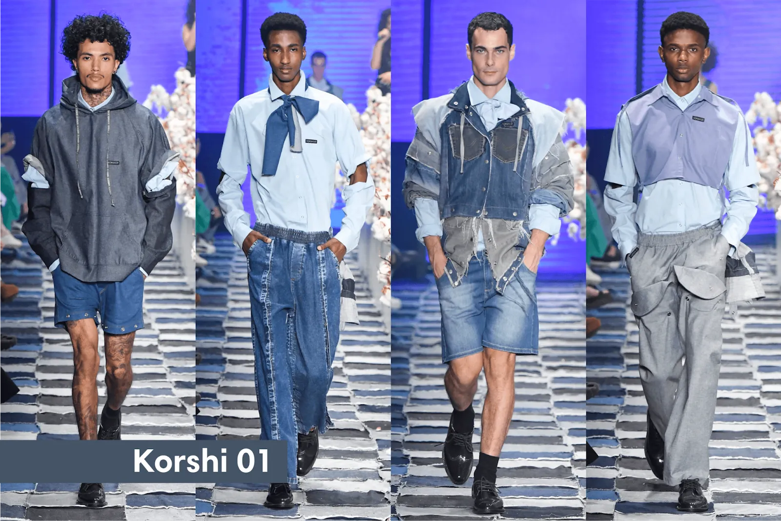 Modelos no desfile da Korshi 01 na SPFW N56, usando looks com jeans desconstruído e tecidos fornecidos pela MN Tecidos