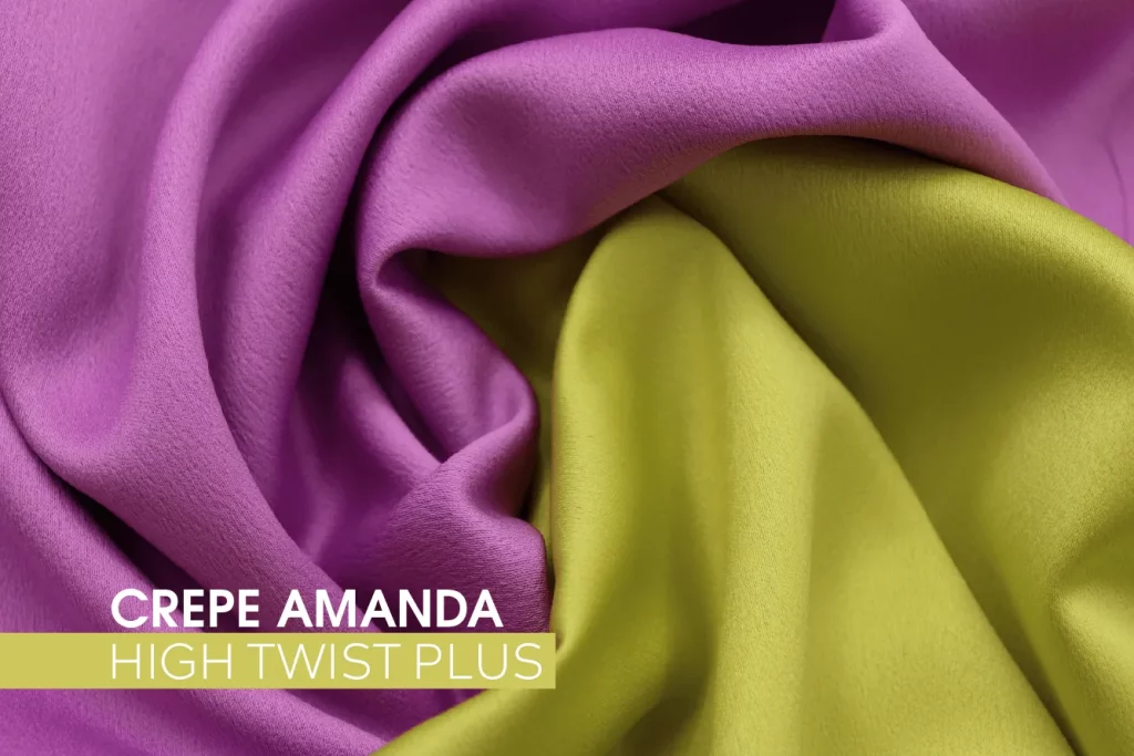 Tecido Crepe Amanda High Twist Plus nas cores roxa e verde-limão, com textura encorpada e caimento fluido