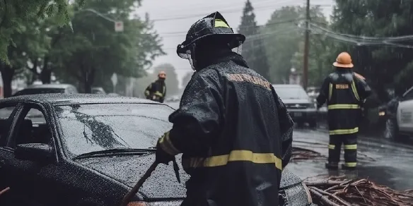 ombeiros em ação sob chuva intensa, vestindo uniformes com tecido impermeável para proteção contra umidade e intempéries