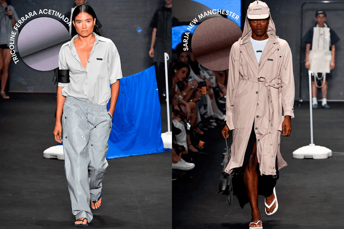 Modelos desfilando looks da coleção ‘Praia de Koncreto’ da Korshi 01 na SPFW N56, com tecidos fornecidos pela MN Tecidos