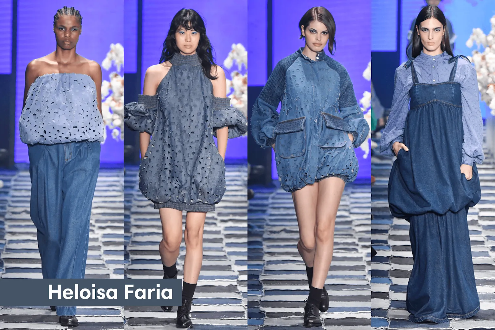Modelos no desfile da Heloisa Faria na SPFW N56, com criações em jeans estruturado e bordado inglês, confeccionadas com tecidos MN Tecidos