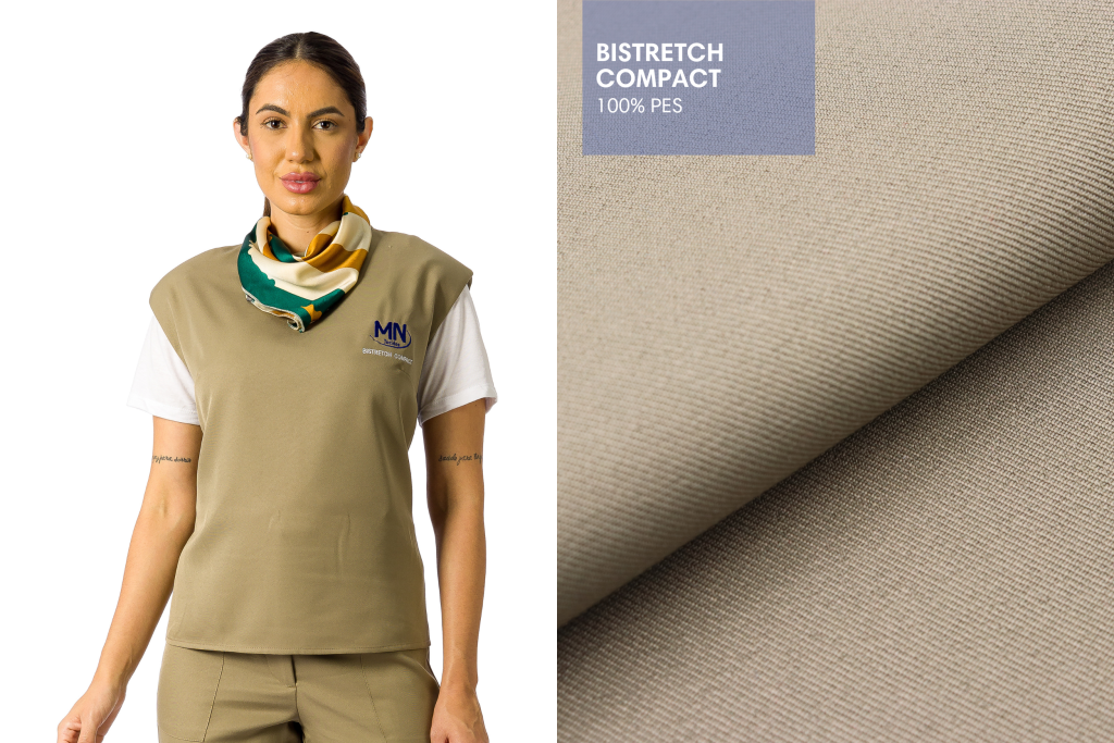 Modelo vestindo uniforme feito com o tecido Bistretch Compact da MN Tecidos, ao lado de close do tecido em tom neutro.