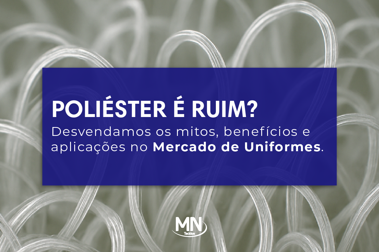 Capa do blog MN Tecidos — Episódio “Poliéster é ruim?”, com fundo de tecidos e título em destaque