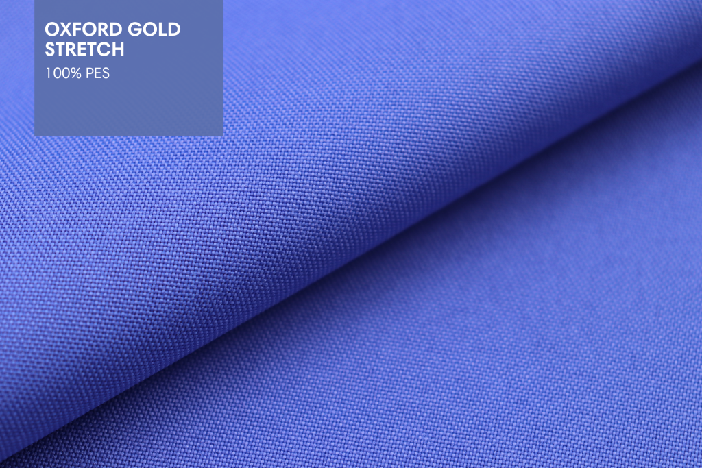 Tecido Oxford Gold Stretch azul da MN Tecidos dobrado em close