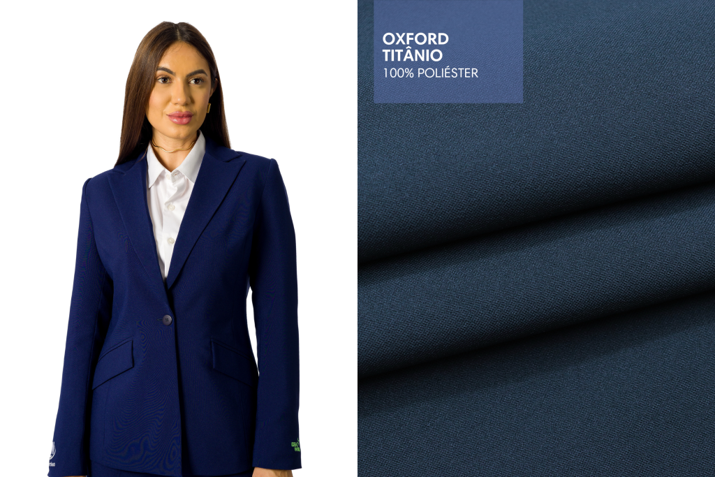 Tecido Oxford Titânio azul escuro da MN Tecidos com modelo de blazer feminino