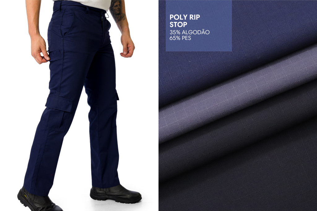 Tecido Poly Rip Stop da MN Tecidos aplicado em uniforme profissional azul marinho