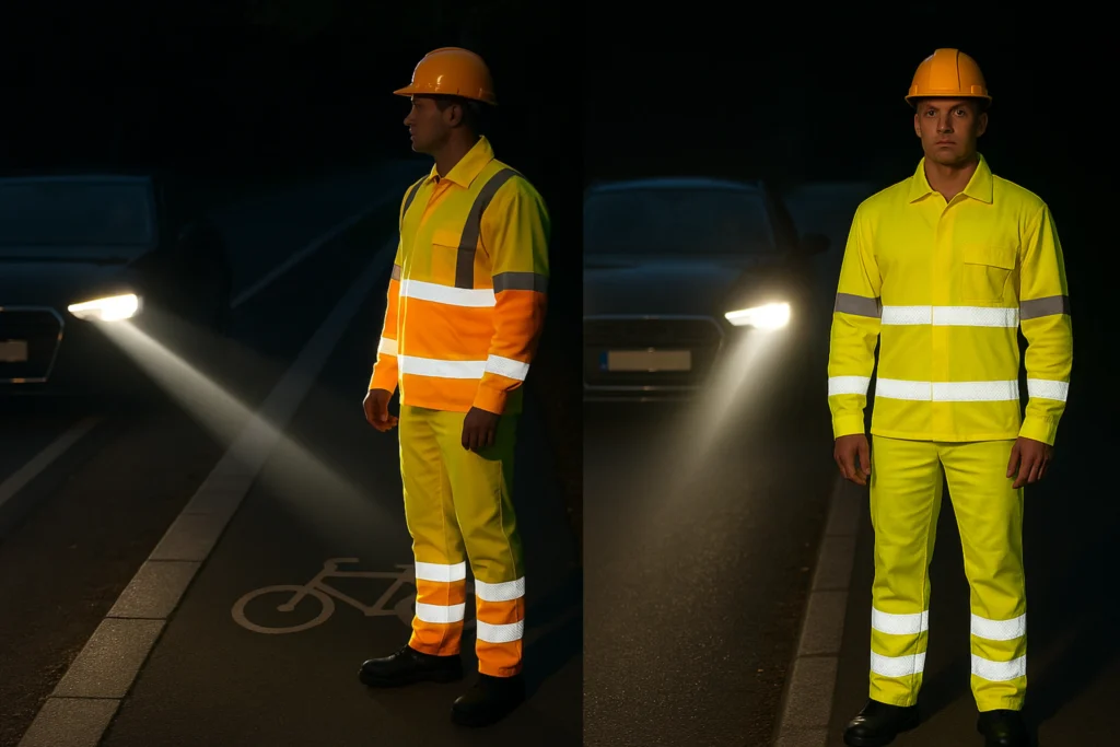 Imagem AI — comparação de faixas refletivas em uniforme profissional — MN Tecidos.