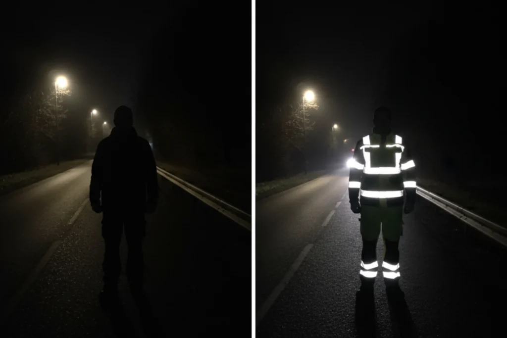 Imagem AI — faixa refletiva em uniforme profissional — MN Tecidos.