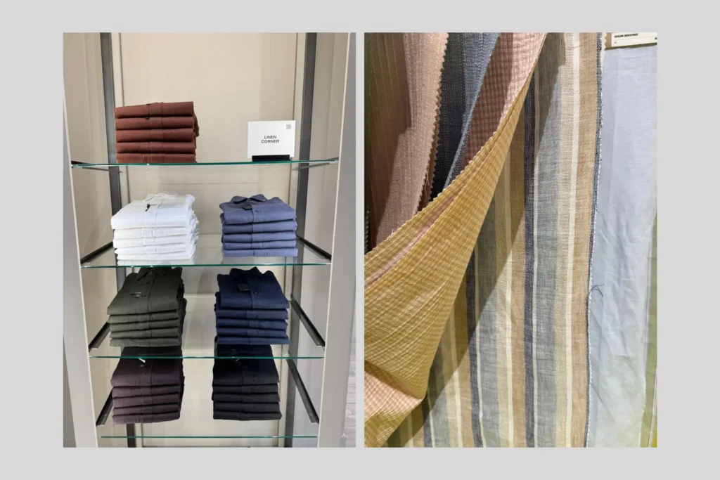 Camisaria em linho SS27 — MN Tecidos camisas de linho em exposição com cores naturais para moda masculina verão 2027 — MN Tecidos