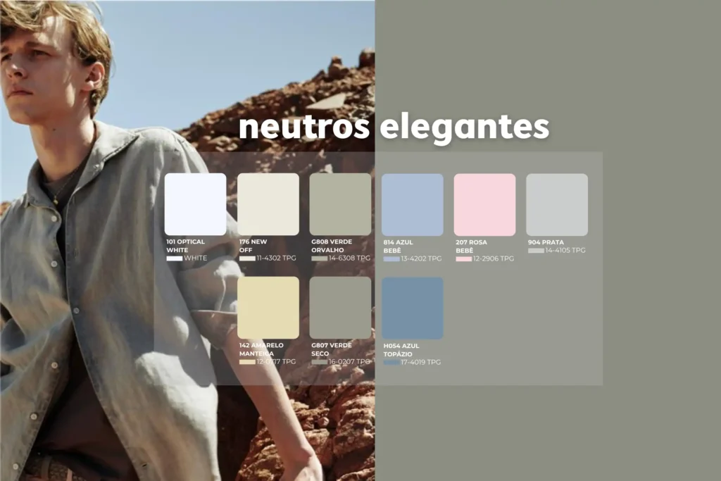 Paleta de cores neutras elegantes Mindboard conceitual que apresenta a cartela de cores por meio de referências visuais e emocionais, combinando tons terrosos, verdes pedra, azul neblina, off-whites e vermelhos envelhecidos. A composição traduz ideias de acolhimento, conforto visual, estética artesanal e influência vintage, servindo como guia cromático para propostas contemporâneas e atemporais.