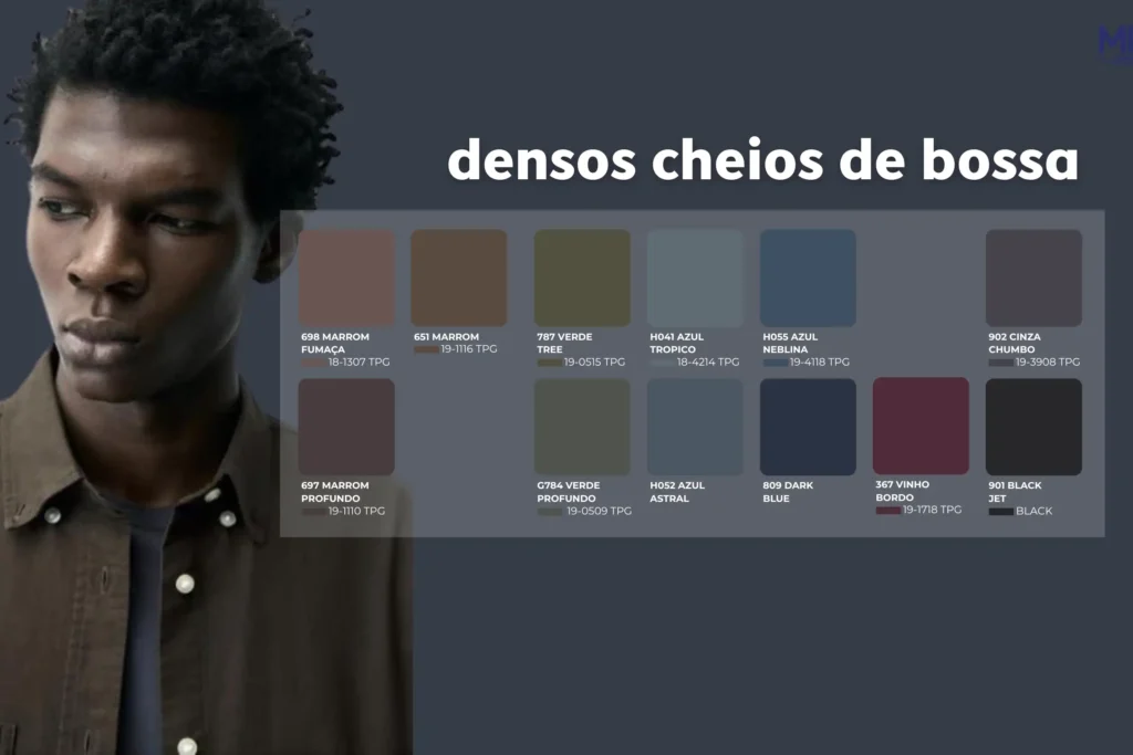 Cartela de cores densas e sofisticadas Cartela de cores densas com tons profundos de marrom, azul, verde e vinho