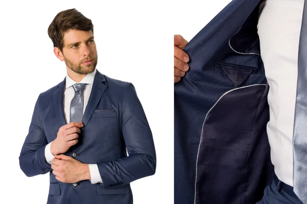 Alfaiataria e Sintéticos terno masculino para uniforme corporativo azul com gravata MN Tecidos