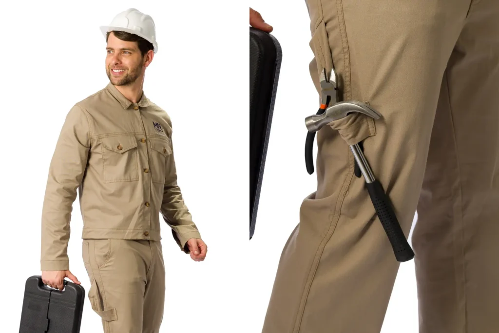 uniforme profissional em sarja uniforme profissional em sarja bege com capacete de segurança MN Tecidos