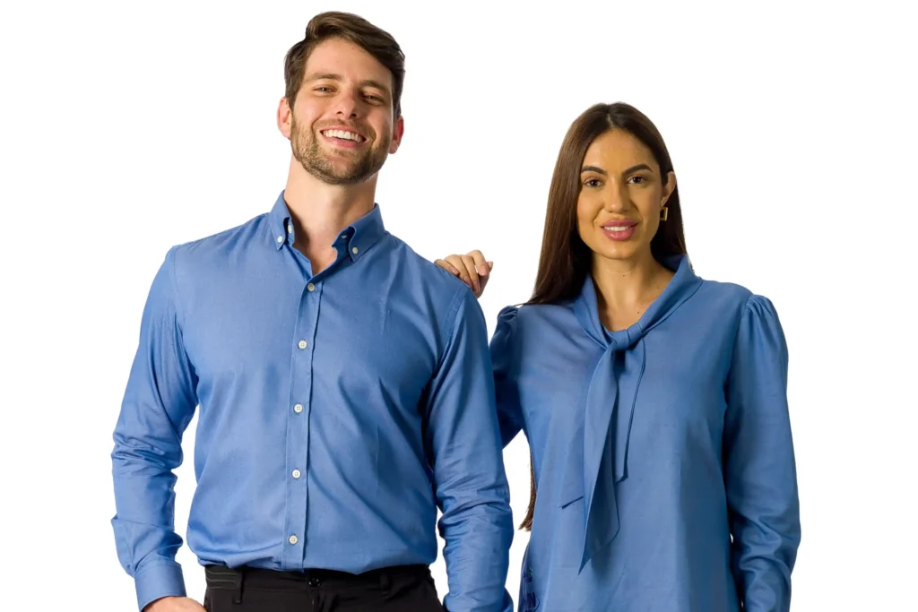 Grupo de Denins uniforme social corporativo azul masculino e feminino para empresas MN Tecidos
